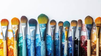 A Diverse Row of Paint Brushes of Various Sizes and Types, Resting on Vibrant Splatters of Watercolor Paint, Symbolizing Art, Creativity, and Artistic Expression.