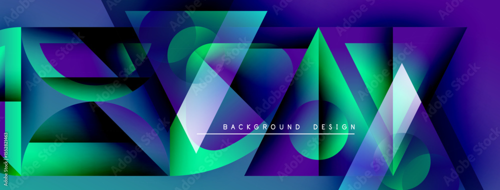Poster Abstract geometric shapes, vibrant colors blend. Modern design features overlapping layers, creating dynamic visual effect. Text reads background design.