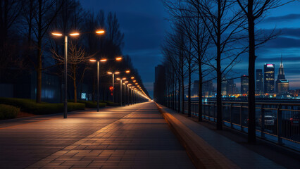 Fototapeta premium Serene Evening Pathway in a Modern Cityscape with Illuminated Street Lamps and Reflections on Water at Dusk