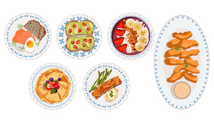 Delicious variety of breakfast and brunch dishes served on decorative plates with fresh ingredients and vibrant colors