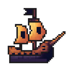 Vintage pixel art of a sailing ship with two masts and a waving flag on a calm sea backdrop