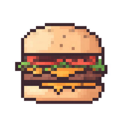 Pixel art burger featuring layers of cheese, lettuce, tomato, and a beef patty in a retro style