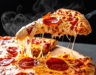 A steaming slice of pepperoni pizza is lifted, stretching gooey melted cheese strands, with a crispy crust and sizzling toppings.