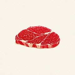 A single, raw beef steak, rich red in color with visible marbling and fat lines, is presented against a light beige background.  Its shape is slightly irregular, suggesting it has been 
