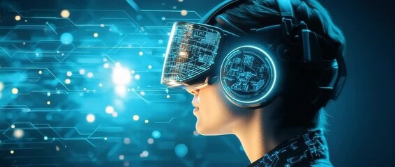 Futuristic young person with virtual reality headset and headphones surrounded by glowing digital interface, immersive technology, innovation, cyber environment, blue light, advanced electronics - Powered by Adobe