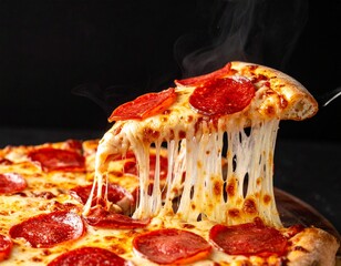 A steaming slice of pepperoni pizza is lifted, stretching gooey melted cheese strands, with a crispy crust and sizzling toppings.
