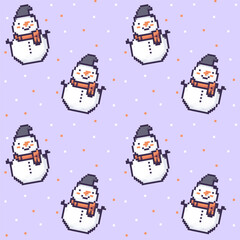 Colorful pixel art snowmen in a cheerful pattern on a pastel background for winter festivities