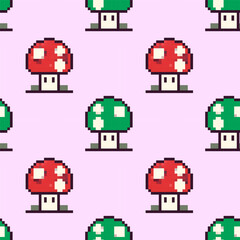 Colorful mushroom pattern on a soft pink background featuring vibrant red and green mushrooms in a playful design