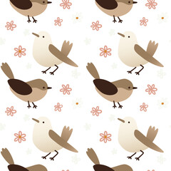 A seamless pattern featuring various small birds in shades of brown and cream, surrounded by simple floral elements in soft colors. Ideal for textile design.