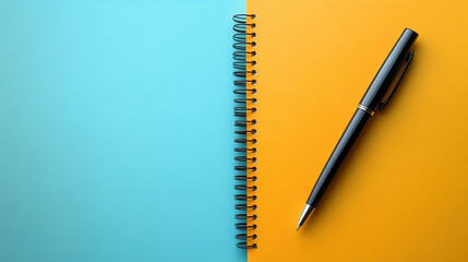  Vibrant Blue Spiral Notebook with an Orange and Black Pen Resting on Top, Presented on a Matching Blue Background, Evoking Ideas, Planning, and Stationery.