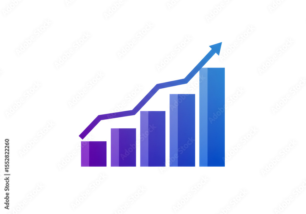 Poster ascending bar graph with upward arrow in blue to purple gradient isolated