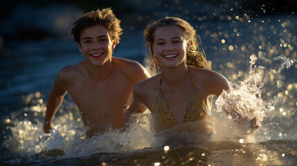 Obraz premium Couple Playing Together in Shallow Water Under Sunlight