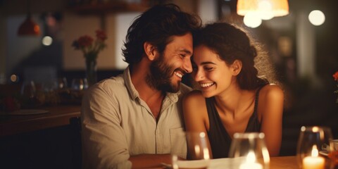 Obraz premium A beautiful couple in love spends time together in a restaurant. Generative AI.