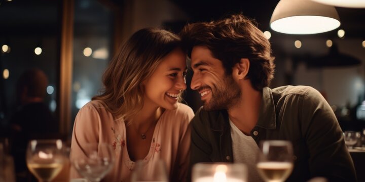 A beautiful couple in love spends time together in a restaurant. Generative AI.