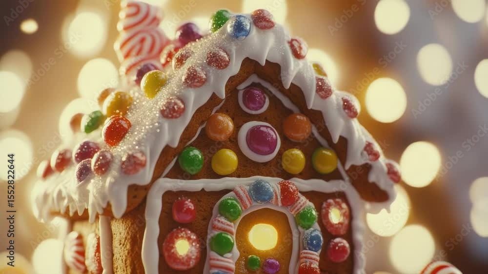 Poster a close-up view of a colorful gingerbread house on a festive table setting