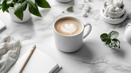  Coffee, Notebook, and Greenery on a Cheerful Yellow Desk. A Bright and Inspiring Space for Fresh Ideas, Creative Work, and Productive Mornings.

