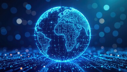 Digital globe with glowing blue lines and bokeh lights representing global connectivity and technology