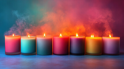 Vibrant Glow: A Symphony of Colorful Scented Candles on a Dark Textured Background. Illuminating Warmth, Tranquility, and Ambiance, Perfect for Relaxation, Meditation, or Festive Decor.

