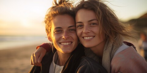 Two young women in love hugging on the beach, close-up portrait of lesbians. Generative AI.