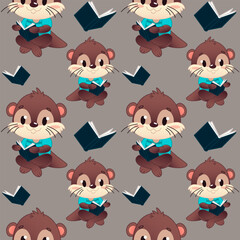 Seamless cute template featuring cartoon otters reading a book. The otters are brown in color with a blue t-shirt. Background is koyey color with books in blue cover. Vector illustration