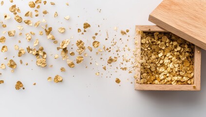 Gold flakes scattered from wooden box