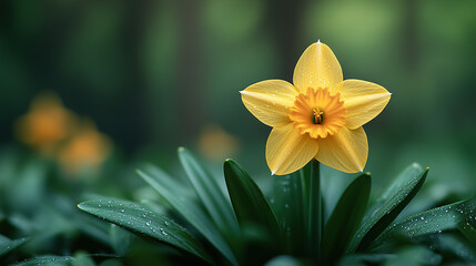 Radiant Yellow Daffodil: A Beacon of Spring's Arrival & New Beginnings. Its Golden Petals and Trumpet Shine Against a Soft, Blurry Green Background, Symbolizing Hope and Rebirth.

