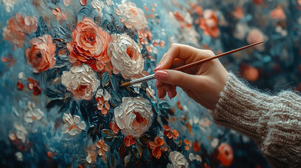 A Woman Holding an Impressionistic Bouquet of Vibrant, Colorful Painted Flowers, Blending Realism and Art, Symbolizing Beauty, Nature, and Artistic Expression.