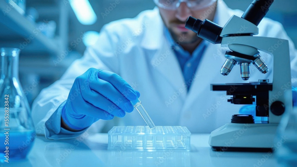 Poster scientist in a lab coat examines a sample with a microscope and test tube