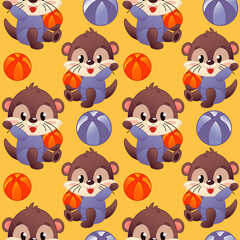 Seamless cute template featuring cartoon otters with orange beach balls. The otters are brown in color with purple costumes. The background is bright yellow color. Vector illustration