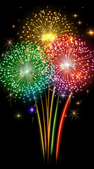 Vibrant fireworks explode against a dark night sky. This festive display creates a dazzling celebration.