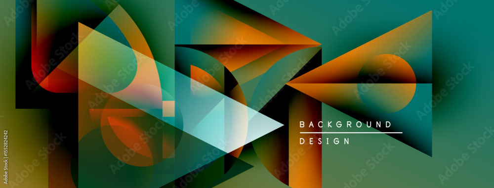 Poster Abstract geometric shapes blend, creating vibrant teal, orange gradients. Modern design features sharp angles, dynamic composition.