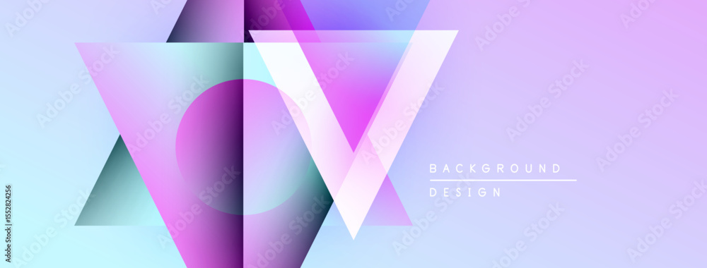 Poster Abstract geometric design. Purple, blue gradients create layered shapes. Modern background with text elements present.