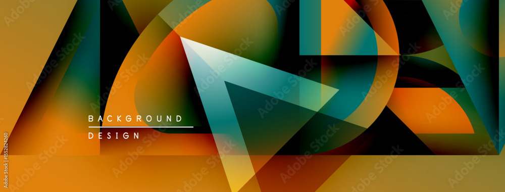Poster abstract geometric shapes overlap, creating vibrant color gradients. design features orange, teal, g