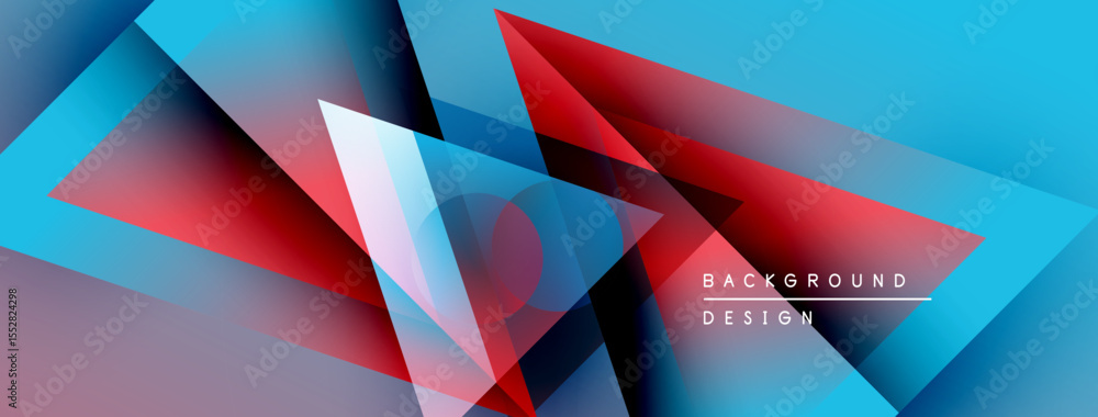 Poster abstract geometric shapes overlap, creating vibrant blue, red, purple gradients. modern design eleme