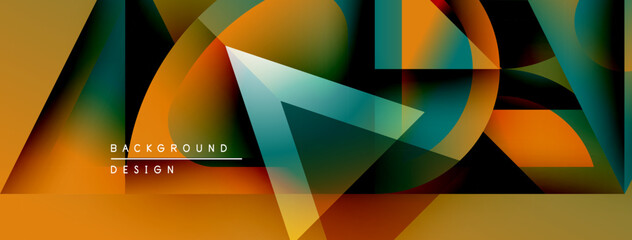 Abstract geometric shapes overlap, creating vibrant color gradients. Design features orange, teal, gold hues. Modern background element.