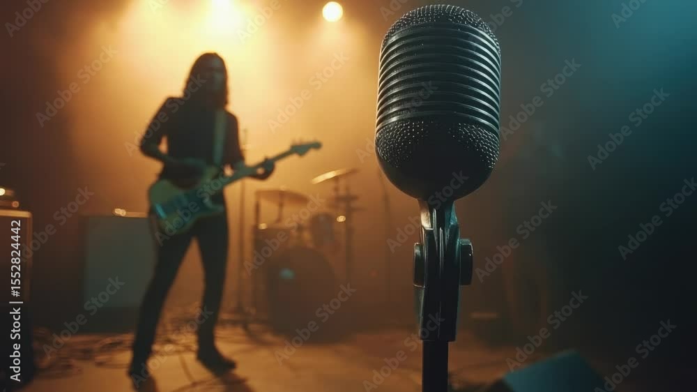 Poster a person standing in front of a microphone on a stage