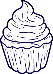 Hand drawn cupcake. Pretty cartoon vanilla cupcake. A cupcake blushing as frosting is applied line art vector illustration