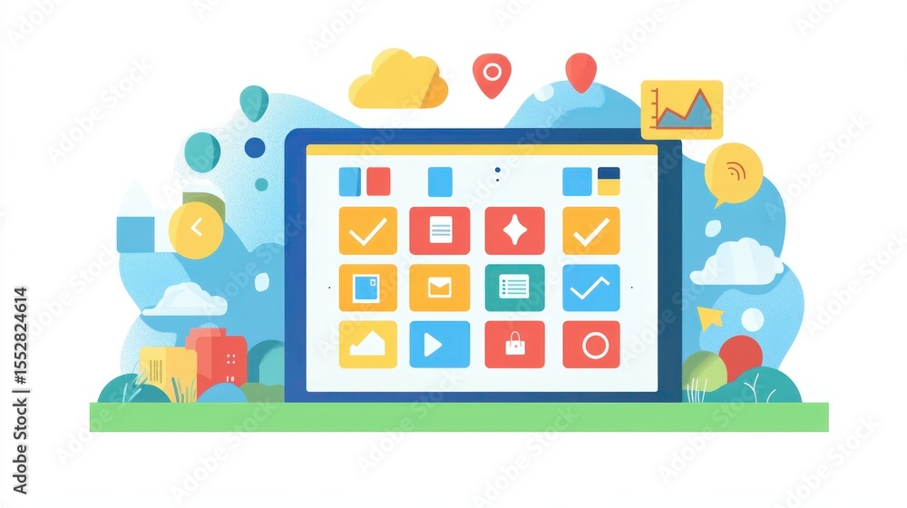 Poster colorful digital tablet interface with various apps and features