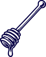 Honey dipper, honey drizzler or honey wand. Honey dipper vector illustration. honey dripping from a wooden dipper. Wooden spoons sticks for honey. Traditional wooden utensils for honey