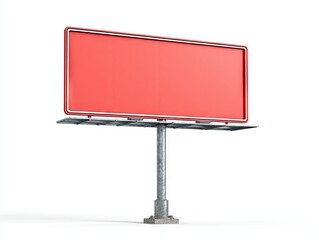 Fototapeta premium A blank, rectangular, red billboard on a metallic stand against a white background, angled slightly to the left