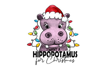 Illustration of a cute cartoon hippopotamus wearing a santa hat and christmas lights is isolated on transparent background