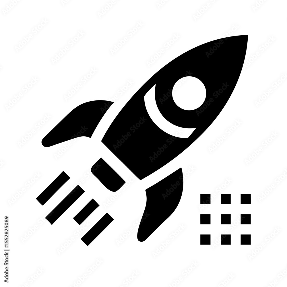 Poster a black rocket ship with flames taking off next to a grid of squares in a minimalist style