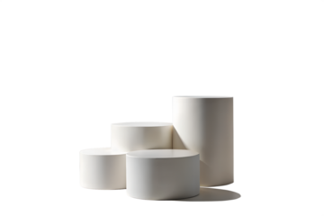 Minimalist white cylindrical podiums of varying heights isolated on transparent background