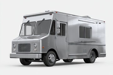 Naklejka premium Sleek, silver food truck, angled view, showcasing a polished stainless steel exterior, small service window, and standard box truck chassis