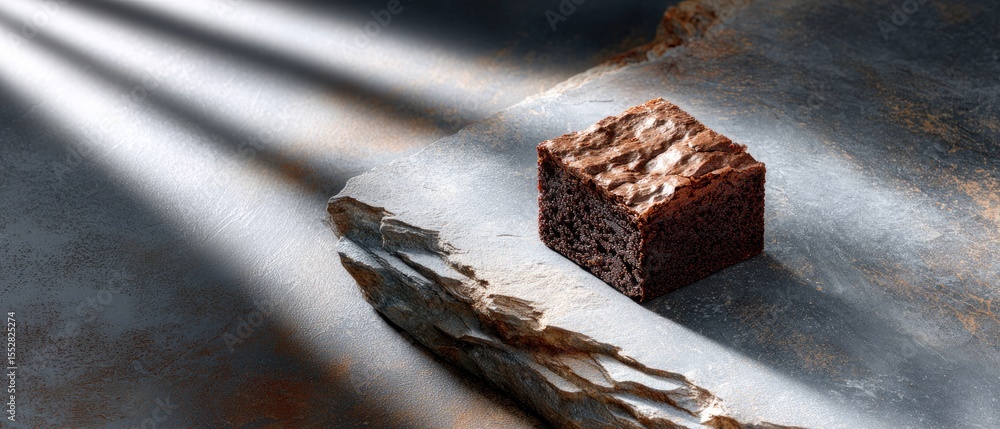 Poster dessert brownie minimalist concept. rustic surface with a metallic cube illuminated by soft rays of 