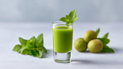 Green detox shot with neem and mint in a clear glass, styled on a light background. Ayurvedic herbal drink symbolizing cleansing, vitality, and natural healing.
