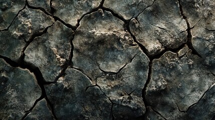 The rough, dry earth is cracked deeply into polygonal patterns. It shows arid conditions, symbolizing drought and desertification.