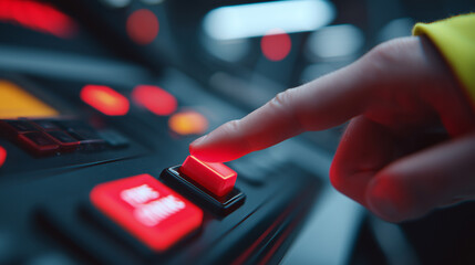 Industrial worker activates red emergency stop button during simulated safety procedure. Emphasizing risk control, machinery shutdown, and safety awareness in production facility.