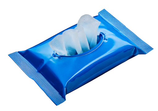 Blue wet wipes flow pack, isolated on a transparent or white background