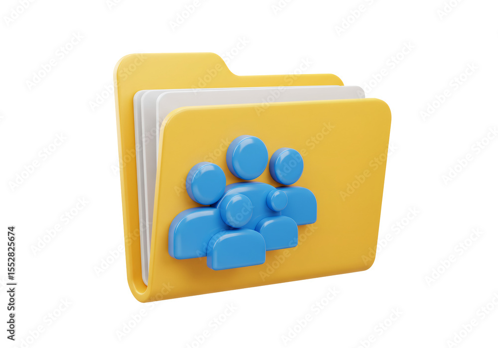 Poster yellow folder with blue team icons files and documents overlays on transparent background